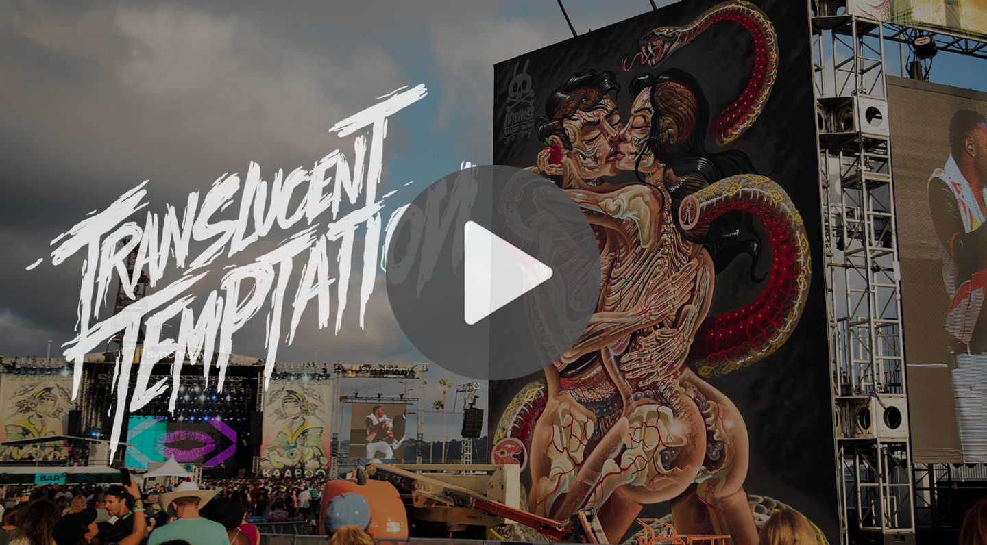 At Kaaboo this year, I filmed 3 days straight of graffiti artist Nychos paint his new translucent temptation representation of adam and eve. This video was filmed and photographed by photographer jeff thomas.